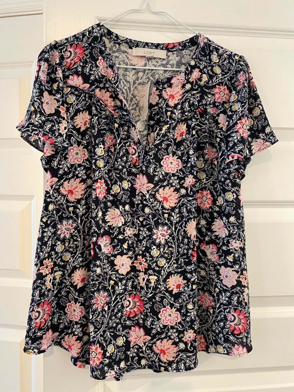 LOFT Black Floral V-Neck Short Sleeve Blouse with Pink Accents